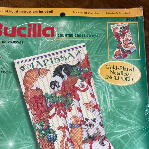 Vintage Bucilla "Cats on the Staircase" Counted Cross Stitch Stocking Kit #84288 - Picture 4 of 6